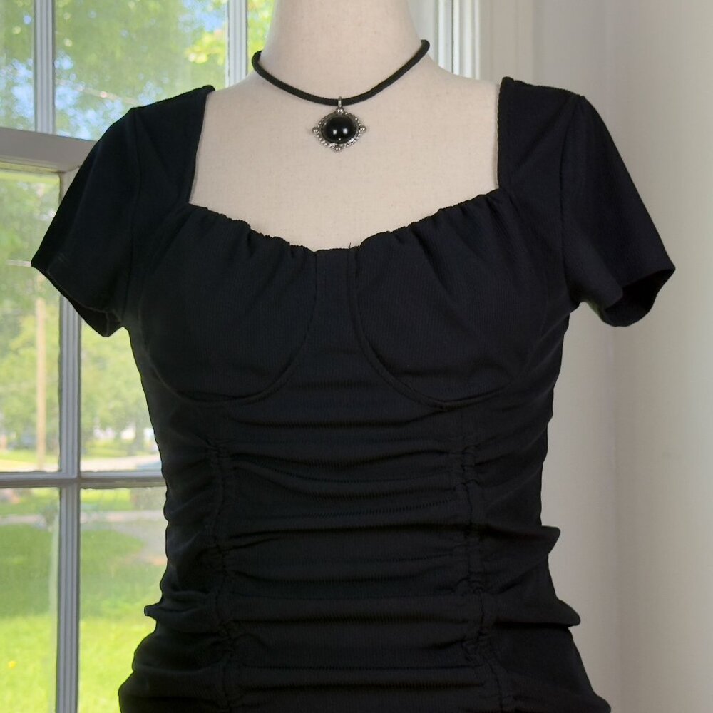 SOLD Almost Famous Black Corset Dress Ribbed Ruched Bodycon Size XL Goth Alt - Picture 2 of 7